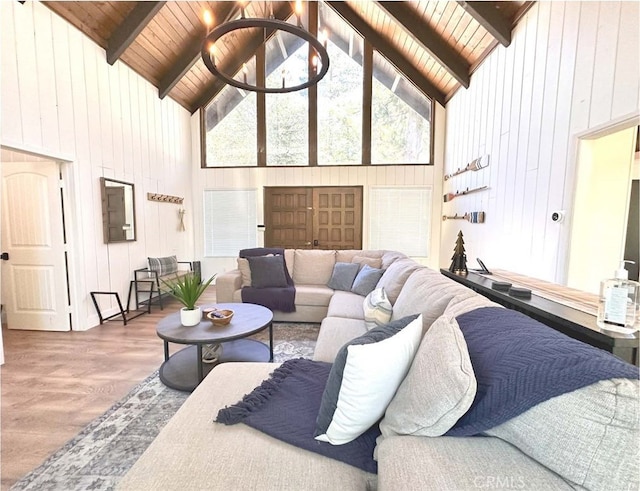 living room featuring beamed ceiling, high vaulted ceiling, wooden walls, hardwood / wood-style floors, and wooden ceiling