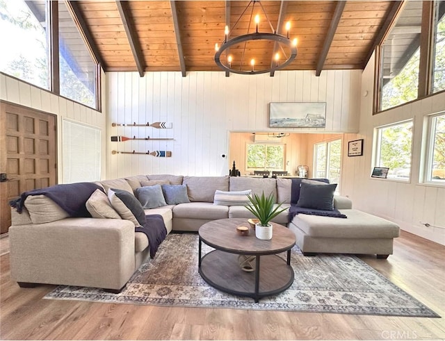 living room with wood-type flooring, wood ceiling, a chandelier, and a wealth of natural light