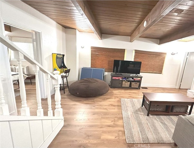 living room with wood-type flooring, beamed ceiling, and wooden ceiling