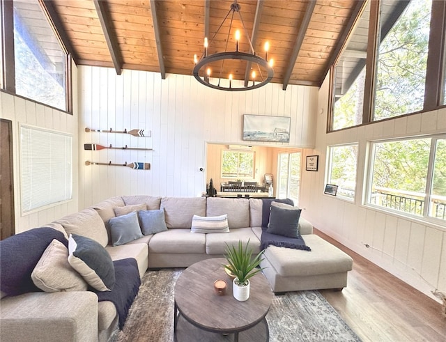 living room featuring wooden ceiling, wood-type flooring, and wood walls