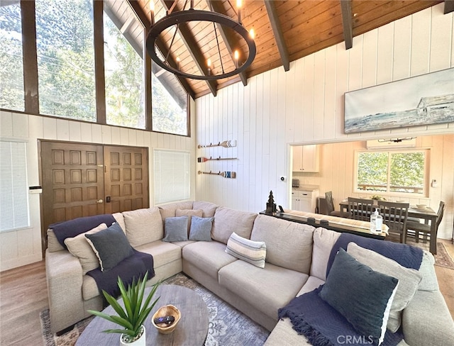 living room with high vaulted ceiling, beamed ceiling, wooden ceiling, wooden walls, and hardwood / wood-style floors