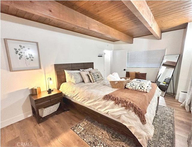 bedroom with wood-type flooring, beamed ceiling, and wood ceiling