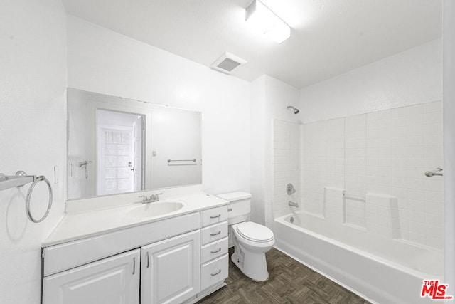 full bathroom with vanity, toilet, parquet flooring, and tub / shower combination