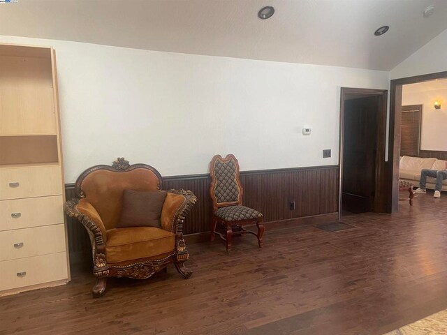 living area with lofted ceiling and dark wood-type flooring