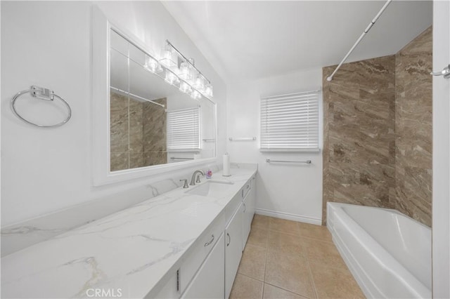 full bath featuring vanity, baseboards, shower / bathtub combination, and tile patterned flooring