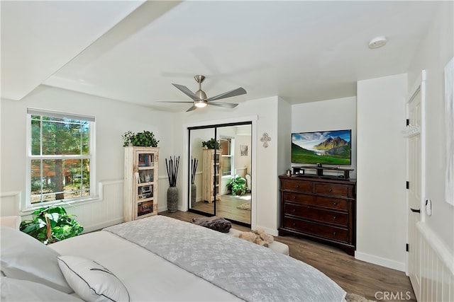 bedroom featuring dark hardwood / wood-style flooring, ceiling fan, and a closet