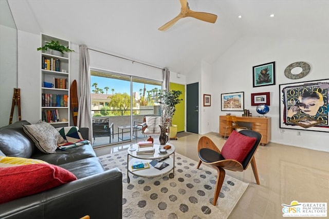 living room with ceiling fan and vaulted ceiling