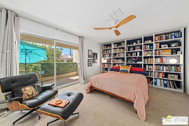 bedroom featuring ceiling fan, access to exterior, and light colored carpet