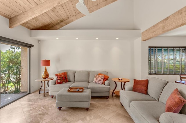 tiled living room featuring lofted ceiling with beams and wooden ceiling