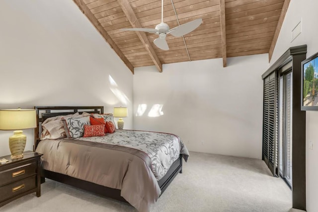 bedroom with ceiling fan, beamed ceiling, high vaulted ceiling, light colored carpet, and wood ceiling