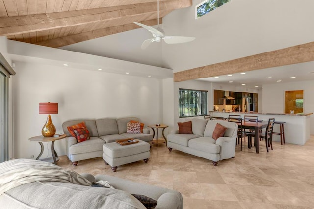 living room featuring ceiling fan, beam ceiling, wooden ceiling, and high vaulted ceiling