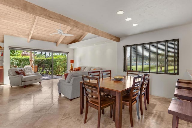 dining space with ceiling fan, lofted ceiling with beams, and wooden ceiling