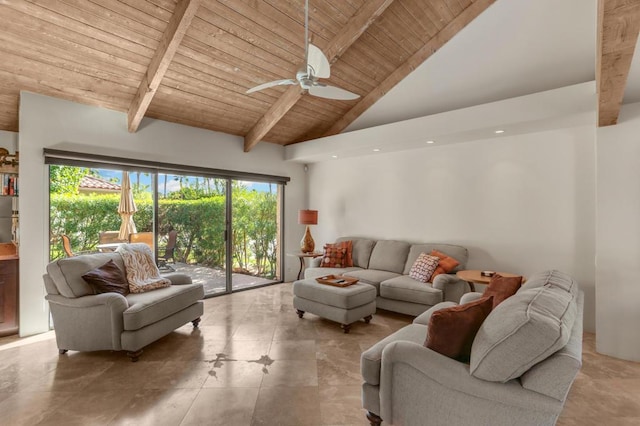 tiled living room with beam ceiling, high vaulted ceiling, ceiling fan, and wood ceiling