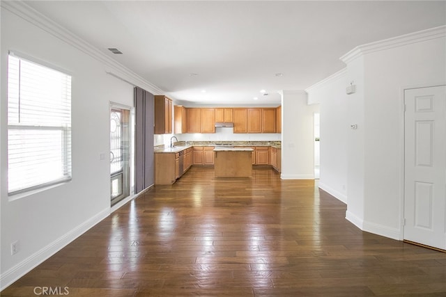 kitchen with crown molding, a kitchen island, and dark wood-type flooring