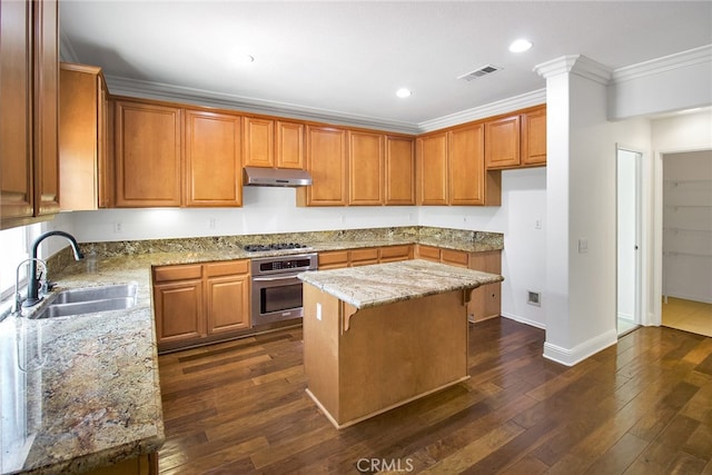 kitchen with light stone counters, dark wood-type flooring, sink, a kitchen island, and stainless steel appliances