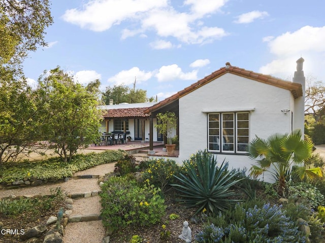 rear view of house featuring a patio area, stucco siding, and a tile roof