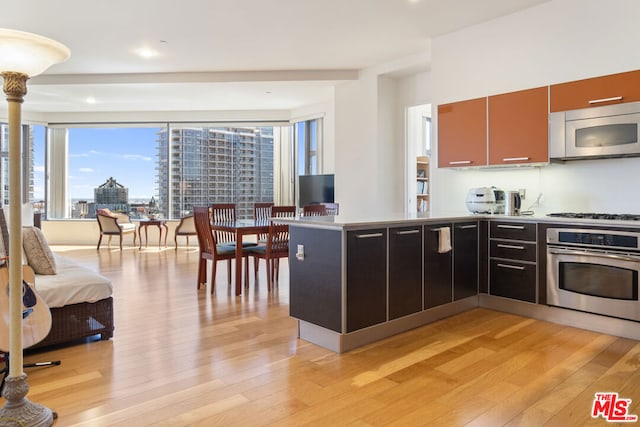 kitchen featuring appliances with stainless steel finishes, kitchen peninsula, and light hardwood / wood-style flooring