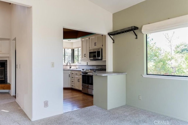 1550 Pineridge Dr, Cambria, CA 93428 - kitchen with appliances with stainless steel finishes, a fireplace, light countertops, carpet, and white cabinetry