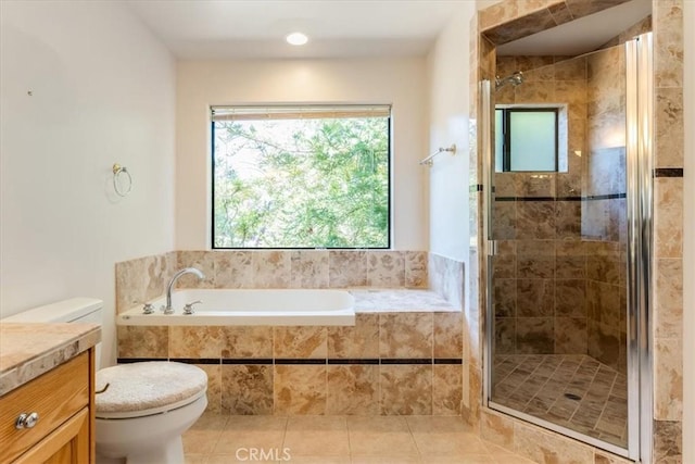 1550 Pineridge Dr, Cambria, CA 93428 - bathroom featuring a bath, tile patterned flooring, a stall shower, vanity, and toilet