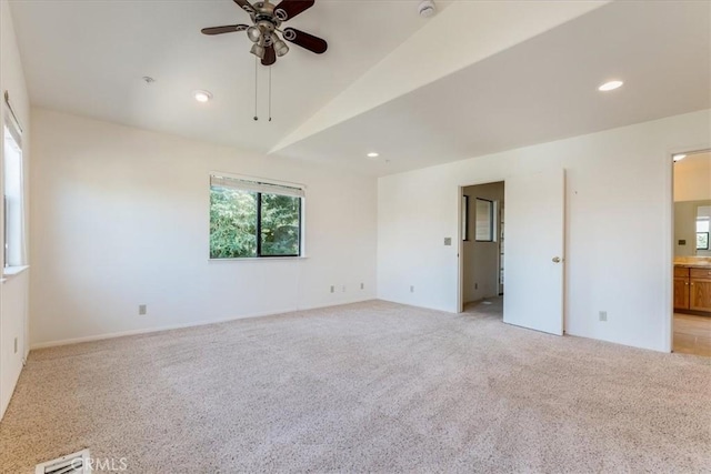 1550 Pineridge Dr, Cambria, CA 93428 - empty room featuring visible vents, a ceiling fan, recessed lighting, and light carpet