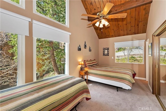 carpeted bedroom featuring high vaulted ceiling, wood ceiling, and ceiling fan