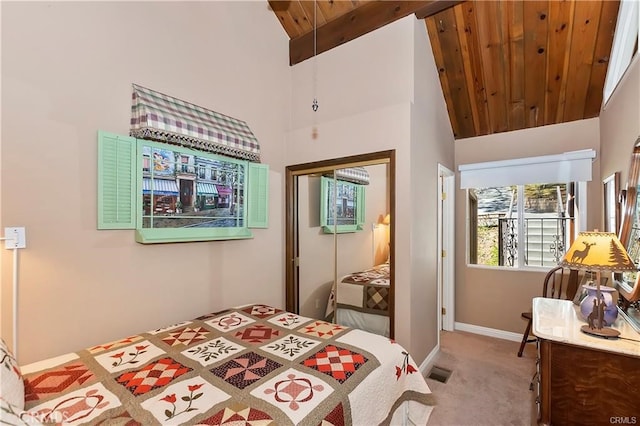 bedroom with wood ceiling, carpet flooring, beam ceiling, and high vaulted ceiling