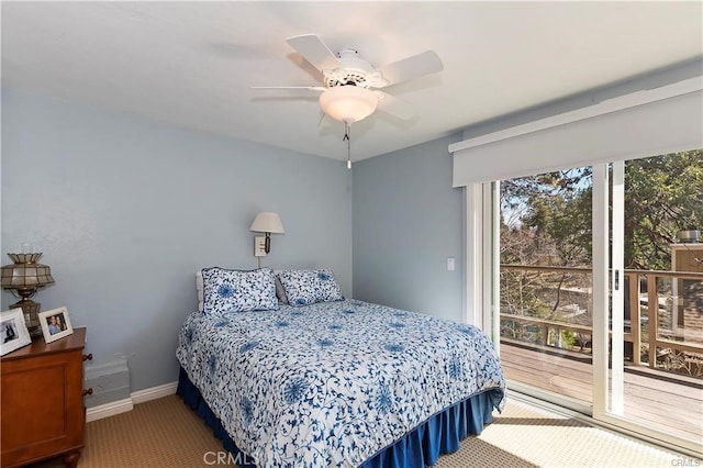 bedroom featuring carpet flooring, ceiling fan, and access to exterior