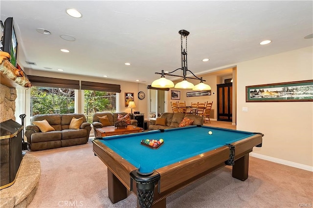 game room featuring light colored carpet and billiards