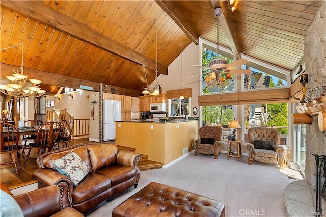 living room with a fireplace, beam ceiling, light colored carpet, and high vaulted ceiling