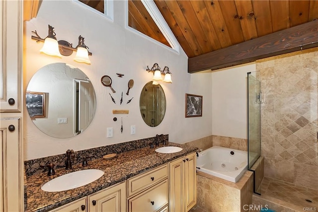 bathroom with vanity, plus walk in shower, vaulted ceiling, and wood ceiling