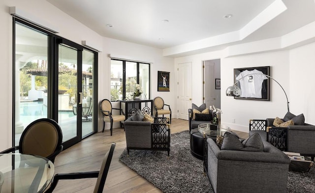 living room with french doors and light hardwood / wood-style floors