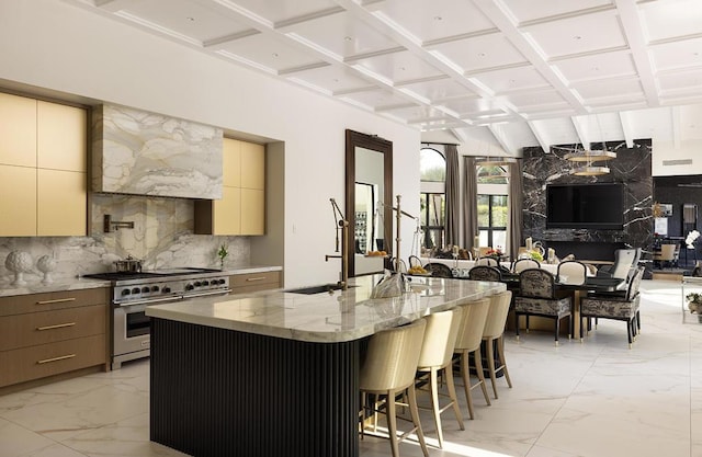 kitchen featuring coffered ceiling, a breakfast bar, high end stainless steel range oven, a kitchen island with sink, and sink