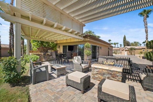 view of patio with an outdoor hangout area, area for grilling, and a pergola