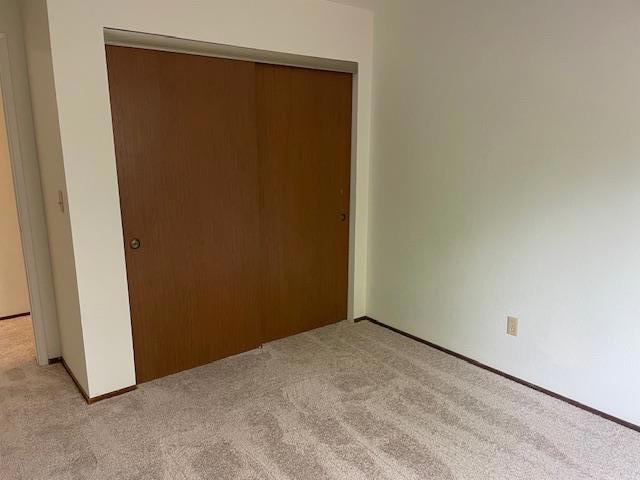 unfurnished bedroom with light colored carpet and a closet