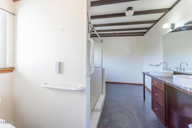 bathroom with vanity, beamed ceiling, concrete flooring, and walk in shower