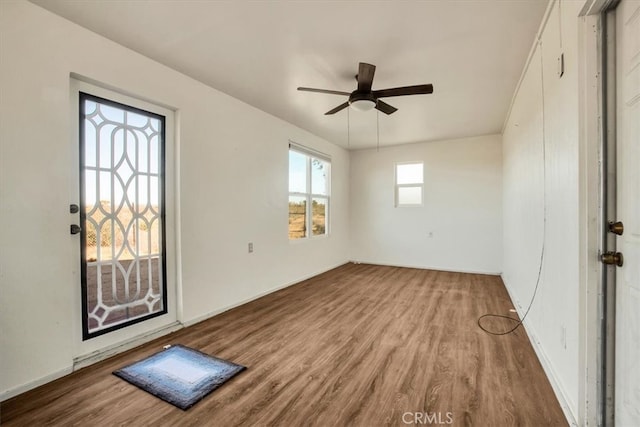 foyer entrance featuring a healthy amount of sunlight, ceiling fan, and hardwood / wood-style flooring