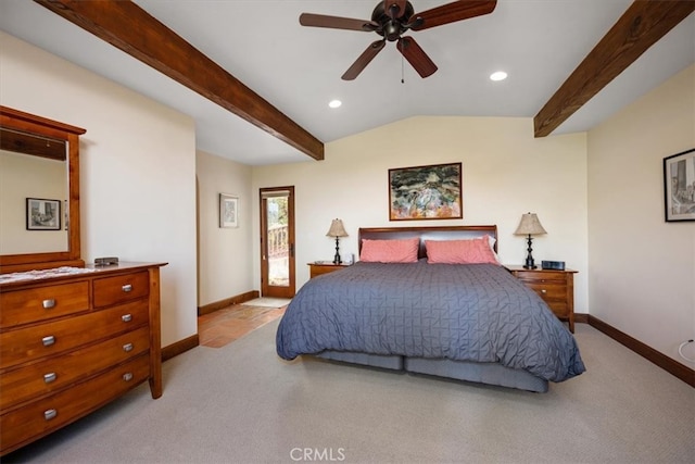 bedroom with lofted ceiling with beams, ceiling fan, and light colored carpet