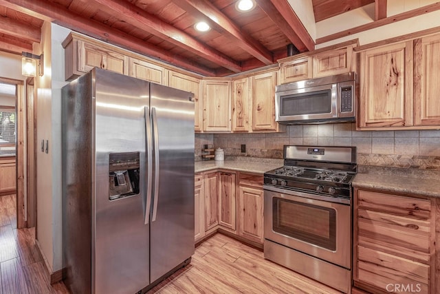 kitchen featuring appliances with stainless steel finishes, wood ceiling, light hardwood / wood-style floors, and beam ceiling