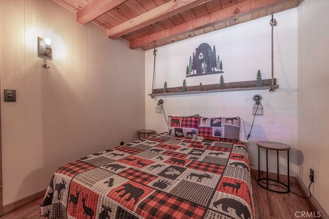 bedroom featuring wood-type flooring, beam ceiling, wood walls, and wooden ceiling