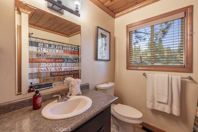 bathroom featuring ornamental molding, vanity, toilet, and wooden ceiling