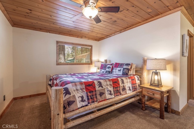 bedroom with ceiling fan, carpet floors, wood ceiling, and ornamental molding