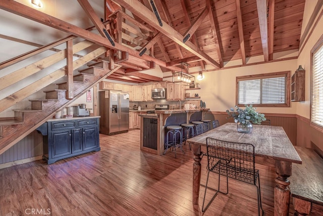 dining room featuring wood ceiling, sink, wooden walls, hardwood / wood-style flooring, and lofted ceiling with beams