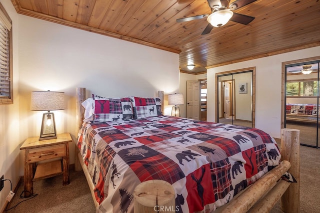 carpeted bedroom featuring wooden ceiling, ornamental molding, and ceiling fan