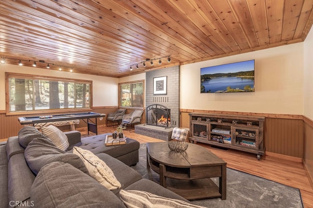 living room featuring wooden ceiling, wooden walls, hardwood / wood-style floors, and track lighting