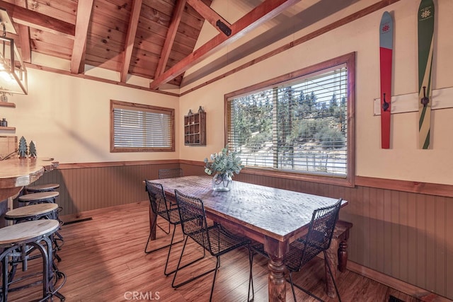 dining space featuring lofted ceiling with beams, wooden walls, and light hardwood / wood-style floors