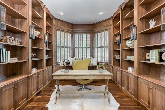 office area with wood walls and dark wood-type flooring