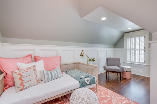 living area featuring vaulted ceiling and dark wood-type flooring