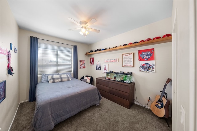 bedroom featuring dark carpet and ceiling fan