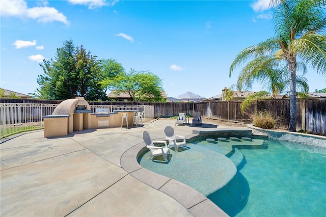 view of swimming pool with an outdoor kitchen and a patio area