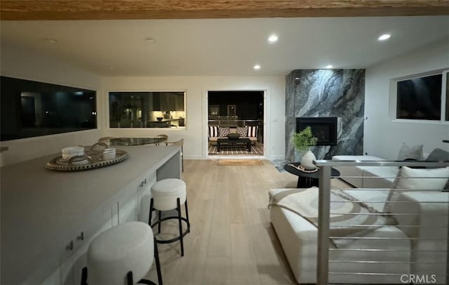 interior space with a fireplace and light hardwood / wood-style floors